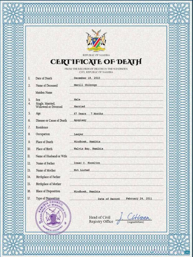 Download Namibia vital record death certificate PSD template Photoshop template